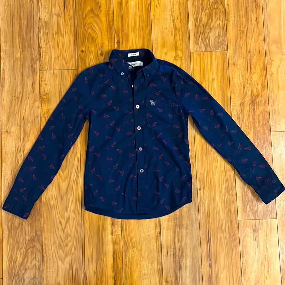 Boys size S-Abercrombie&Fitch navy-blue w/red paper airplane long-sleeve shirt